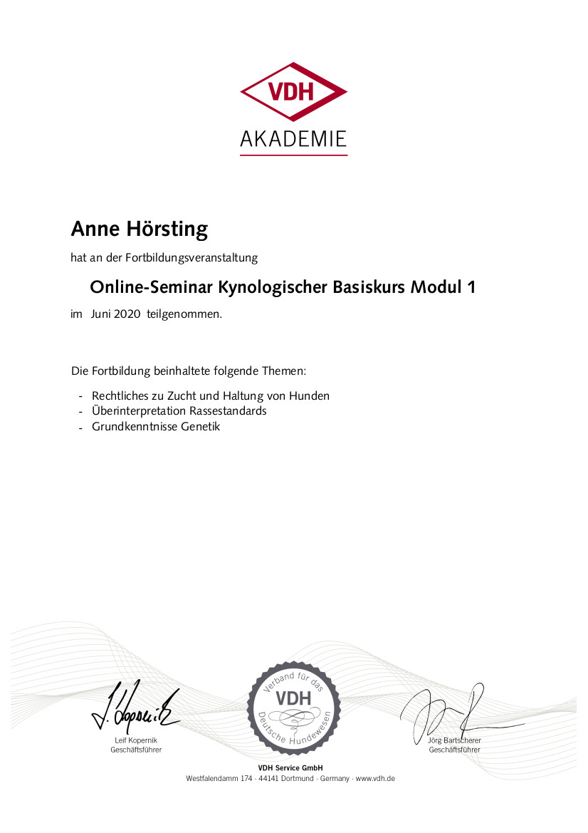 Zertifikat der Fortbildung Kynologischer Basiskurs Modul 1