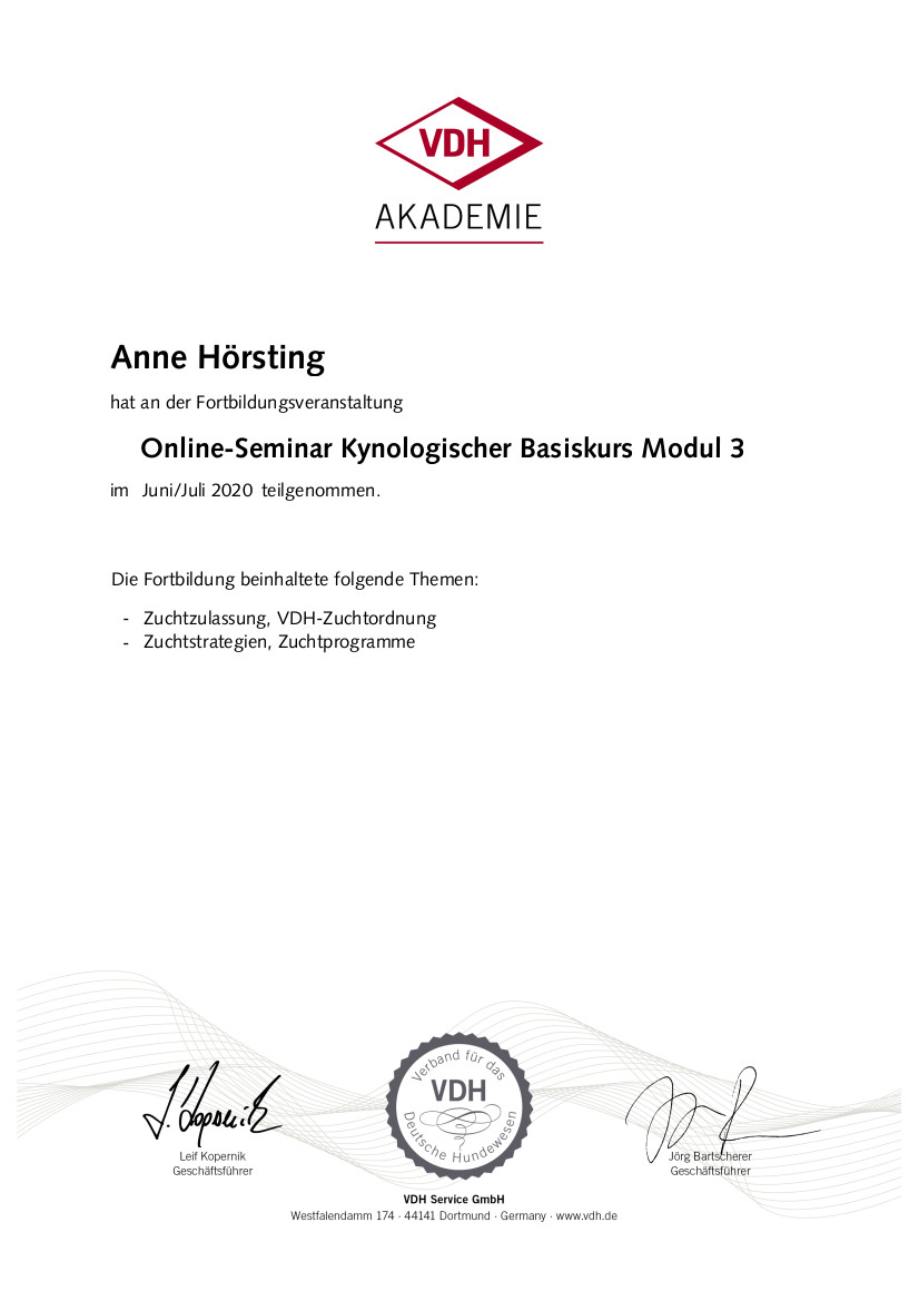 Zertifikat der Fortbildung Kynologischer Basiskurs Modul 3