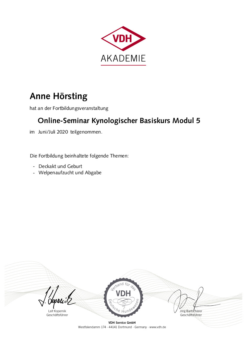Zertifikat der Fortbildung Kynologischer Basiskurs Modul 5