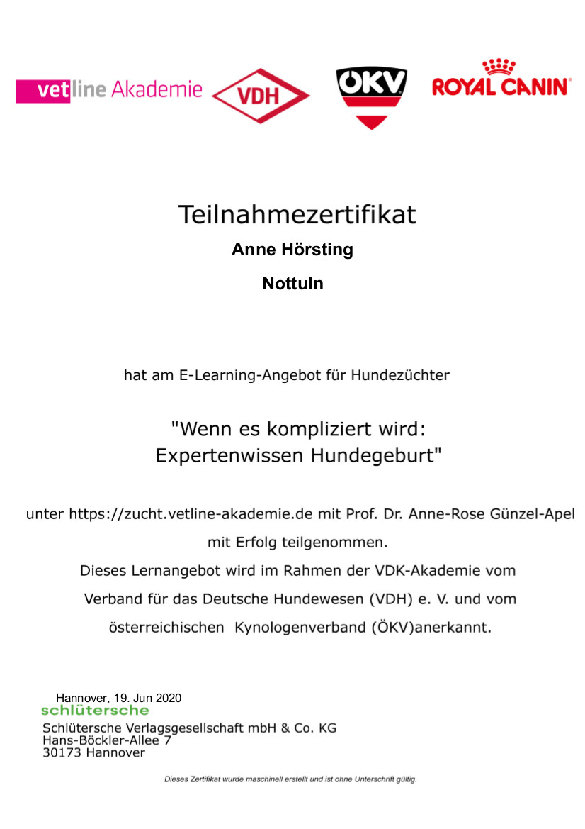 Zertifikat der Fortbildung "Wenn es kompliziert wird: Expertenwissen Hundegeburt"