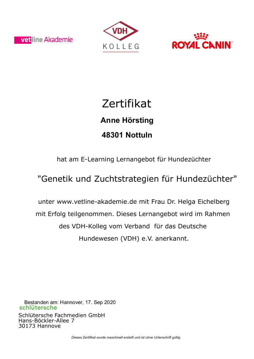 Zertifikat zum Seminar "Genetik und Zuchtstrategien"