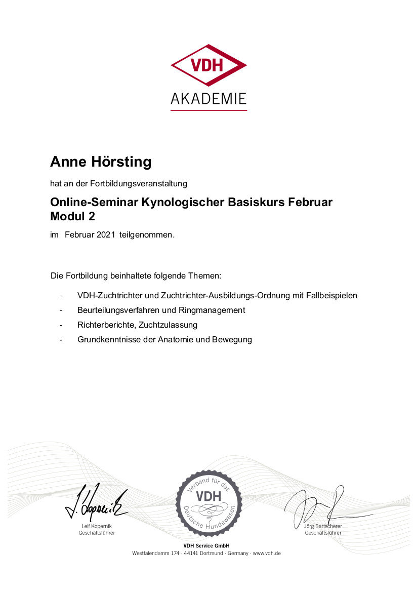 Zertifikat der Fortbildung Kynologischer Basiskurs Modul 2