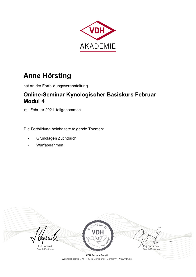 Zertifikat der Fortbildung Kynologischer Basiskurs Modul 4